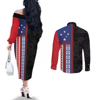 Samoa Flag Couples Matching Off The Shoulder Long Sleeve Dress and Long Sleeve Button Shirt Ula Fala With Samoan Siapo - Polynesian Pride