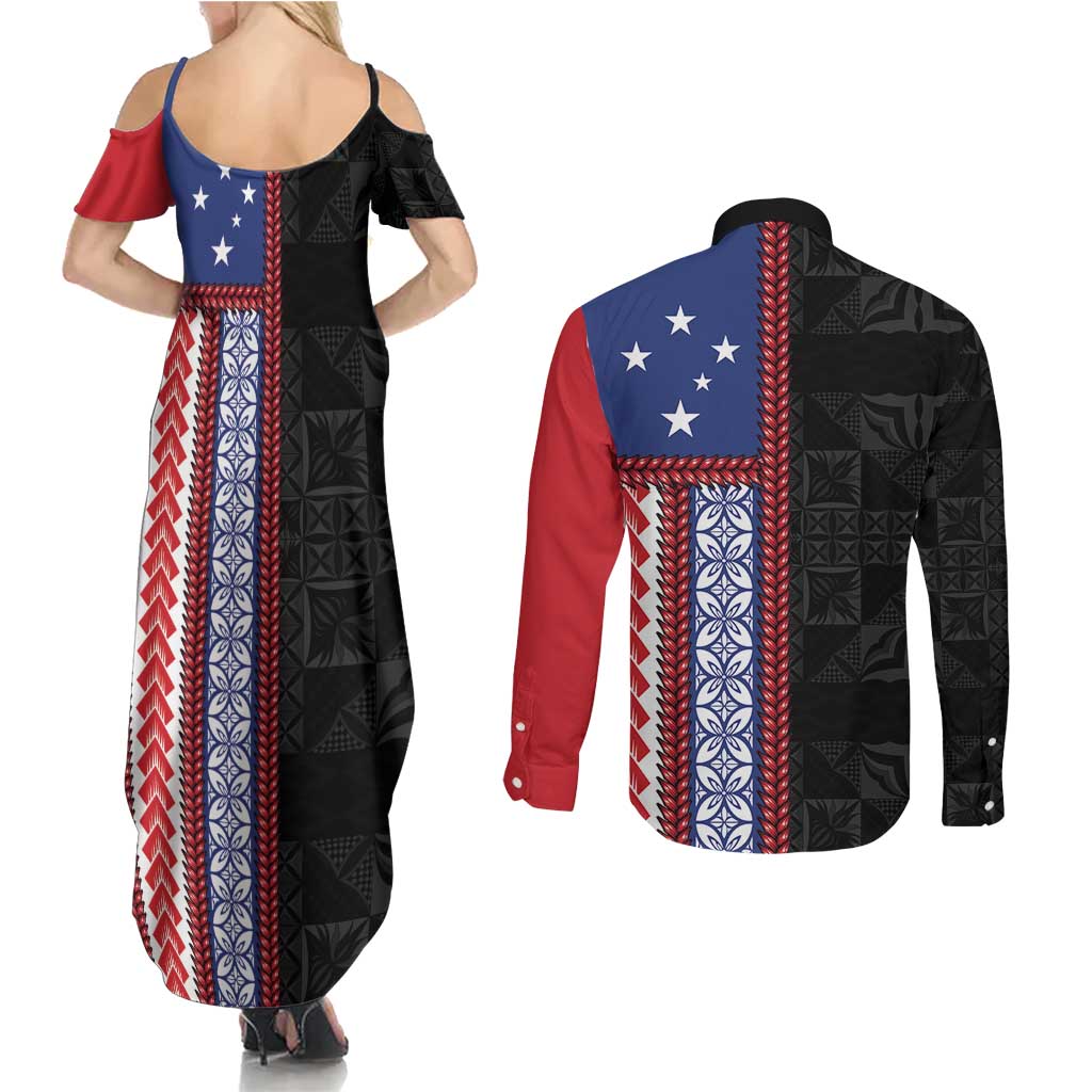 Samoa Flag Couples Matching Summer Maxi Dress and Long Sleeve Button Shirt Ula Fala With Samoan Siapo - Polynesian Pride