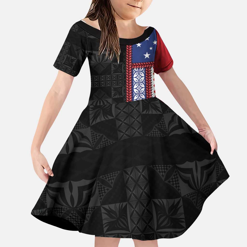 Samoa Flag Family Matching Long Sleeve Bodycon Dress and Hawaiian Shirt Ula Fala With Samoan Siapo LT05 Daughter's Dress Black - Polynesian Pride
