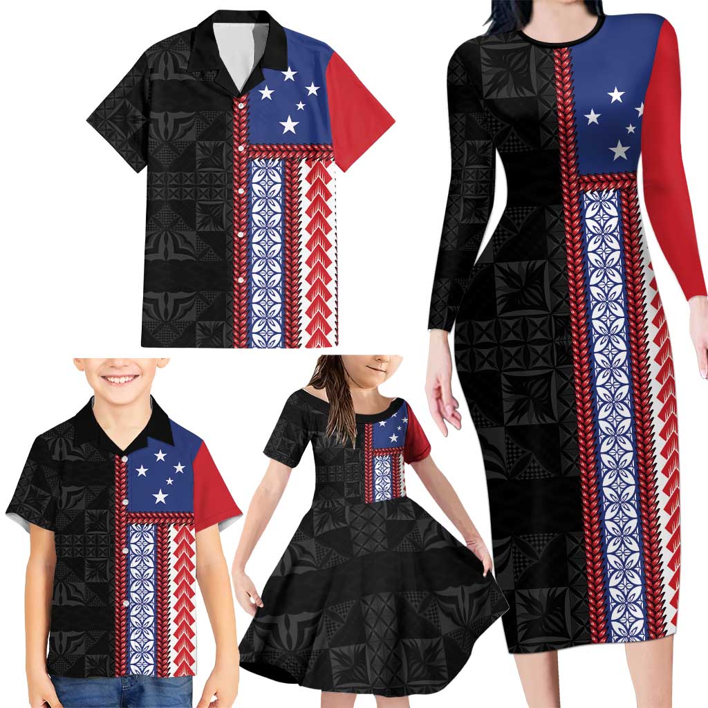 Samoa Flag Family Matching Long Sleeve Bodycon Dress and Hawaiian Shirt Ula Fala With Samoan Siapo - Polynesian Pride