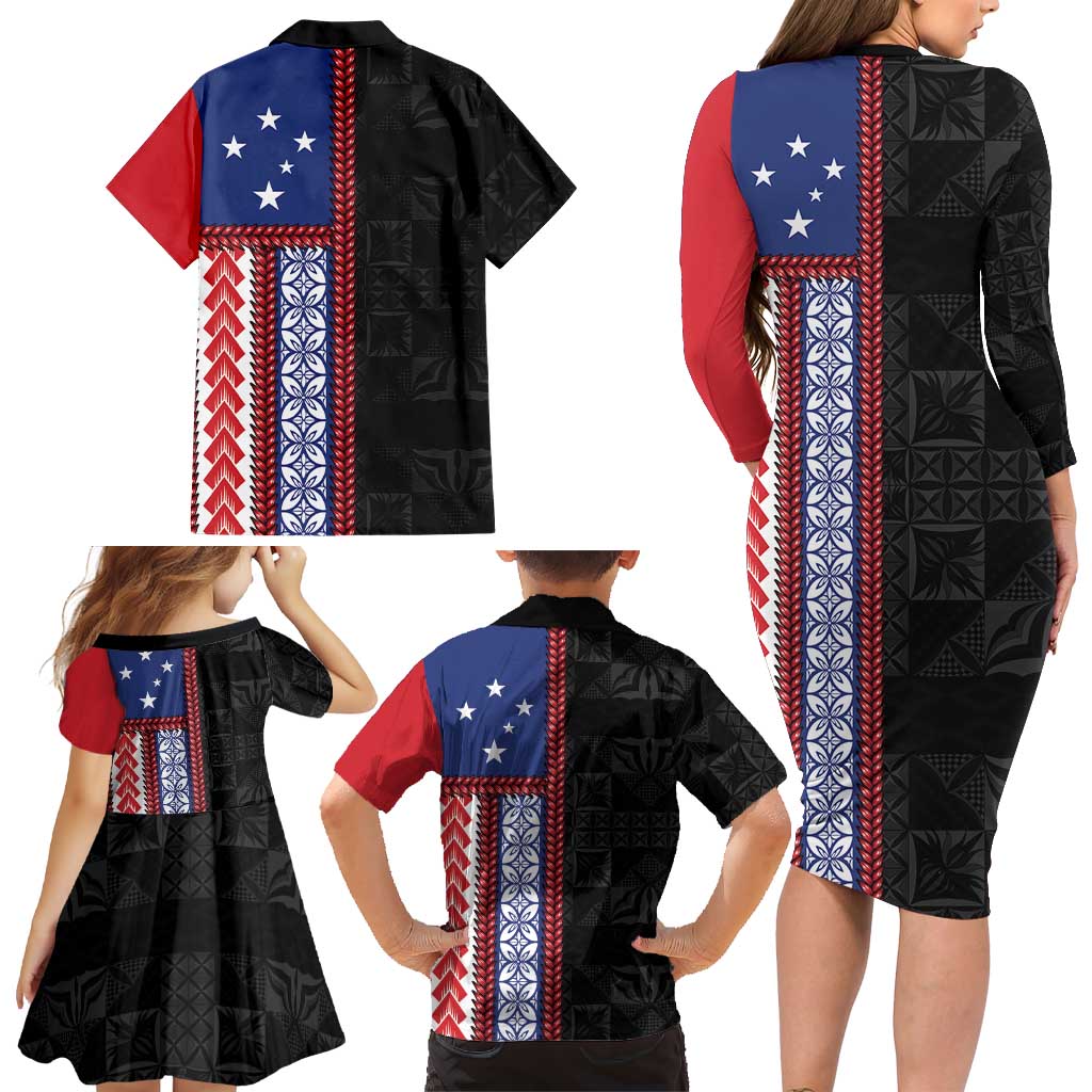 Samoa Flag Family Matching Long Sleeve Bodycon Dress and Hawaiian Shirt Ula Fala With Samoan Siapo LT05 - Polynesian Pride