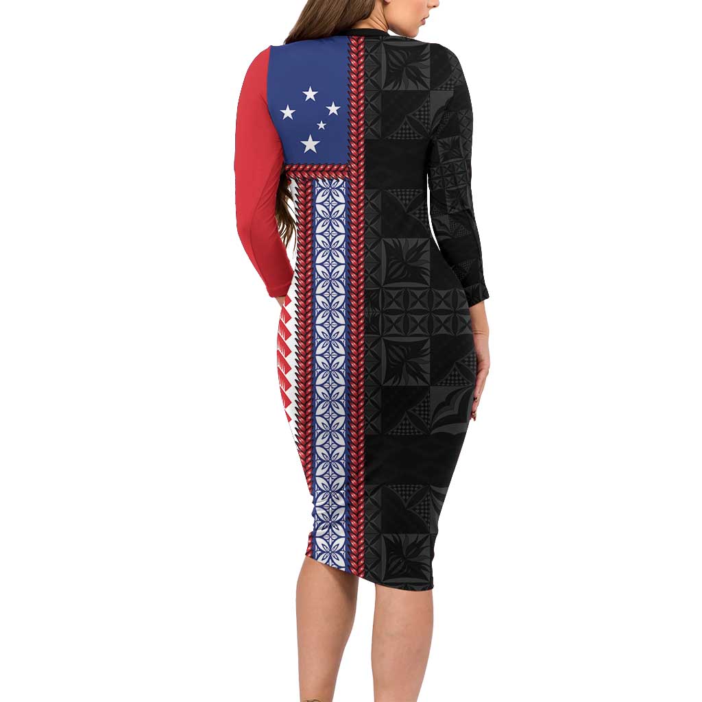 Samoa Flag Family Matching Long Sleeve Bodycon Dress and Hawaiian Shirt Ula Fala With Samoan Siapo LT05 - Polynesian Pride