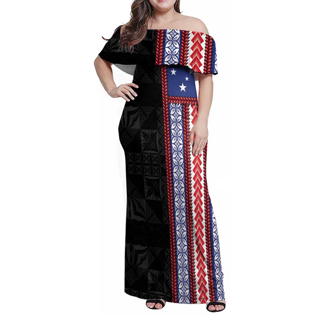 Samoa Flag Family Matching Off Shoulder Maxi Dress and Hawaiian Shirt Ula Fala With Samoan Siapo LT05 Mom's Dress Black - Polynesian Pride