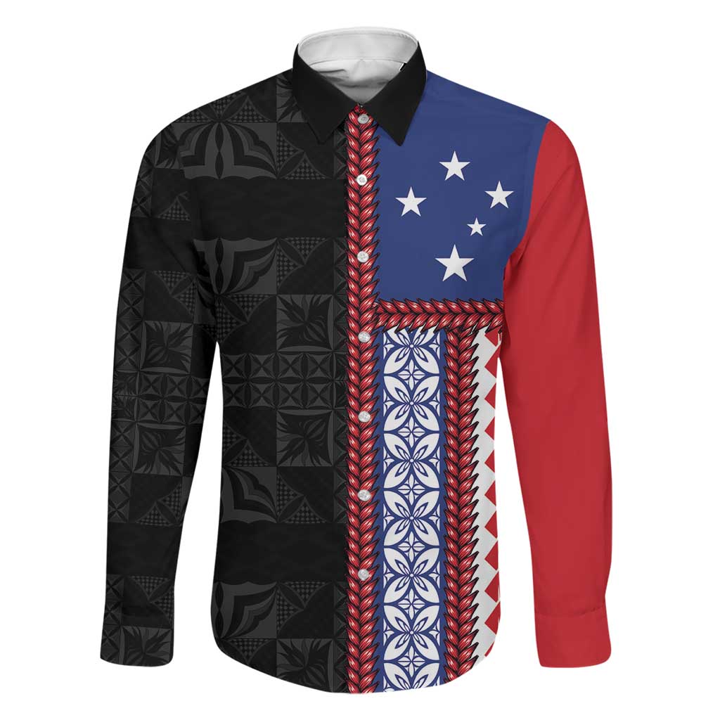 Samoa Flag Family Matching Short Sleeve Bodycon Dress and Hawaiian Shirt Ula Fala With Samoan Siapo LT05 Dad's Shirt - Long Sleeve Black - Polynesian Pride