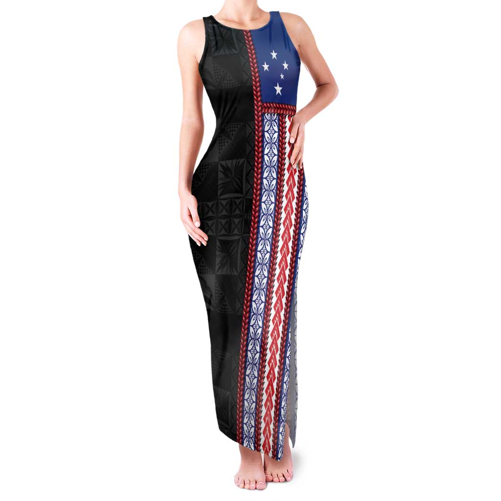 Samoa Flag Family Matching Tank Maxi Dress and Hawaiian Shirt Ula Fala With Samoan Siapo LT05 Mom's Dress Black - Polynesian Pride