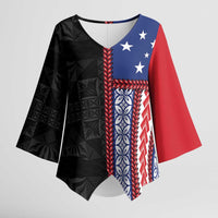 Samoa Flag Kimono Sleeve Blouse Ula Fala With Samoan Siapo LT05 Female Black - Polynesian Pride