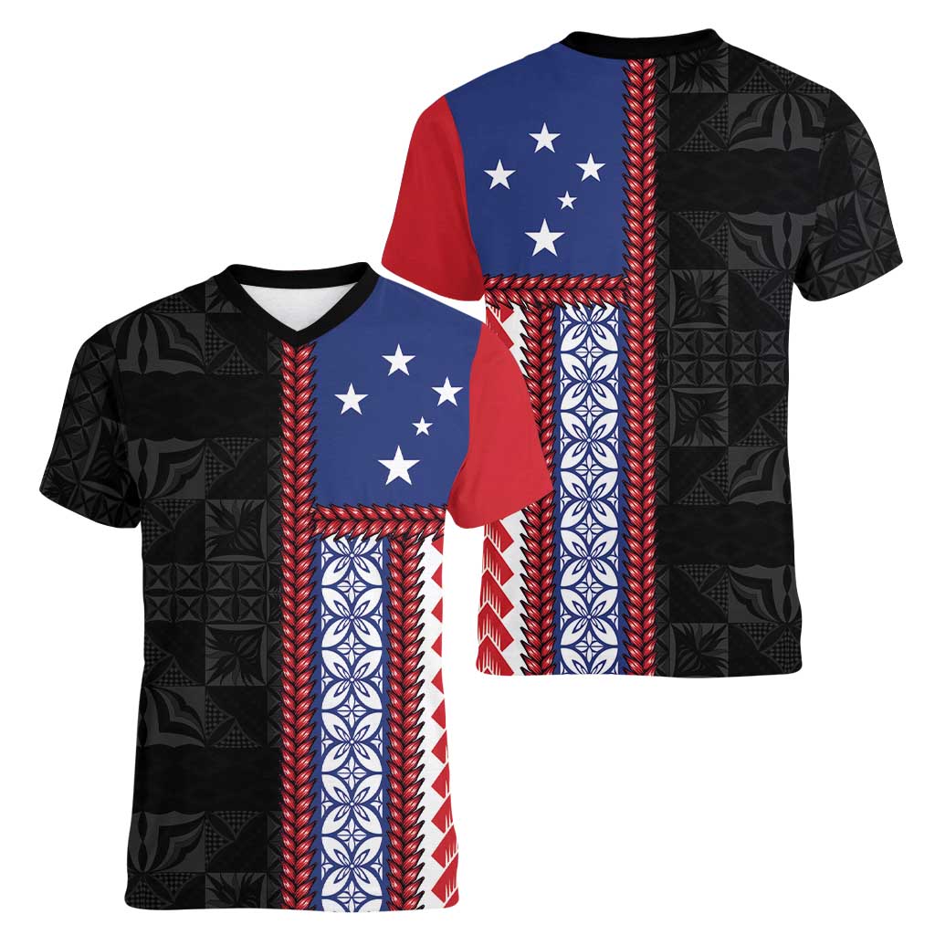 Samoa Flag Women V-Neck T-Shirt Ula Fala With Samoan Siapo - Polynesian Pride
