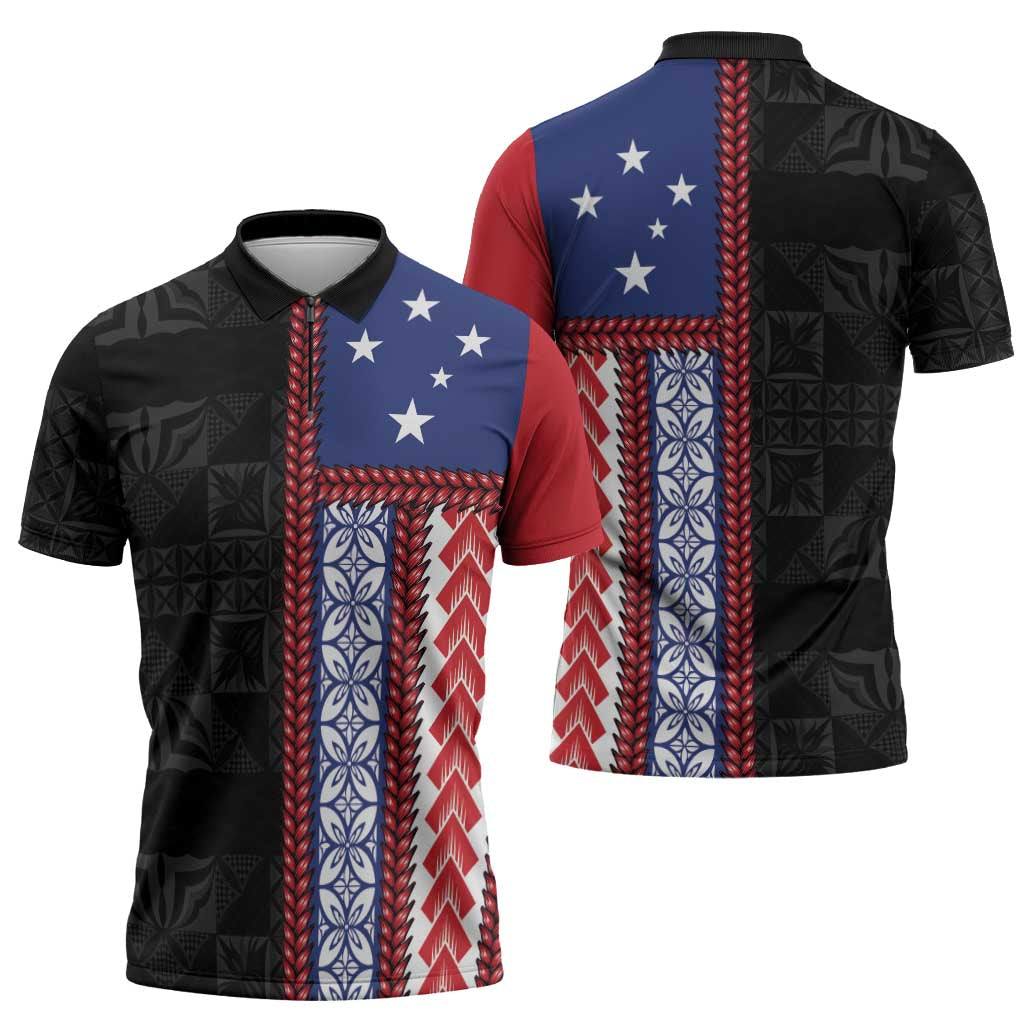 Samoa Flag Zipper Polo Shirt Ula Fala With Samoan Siapo - Polynesian Pride