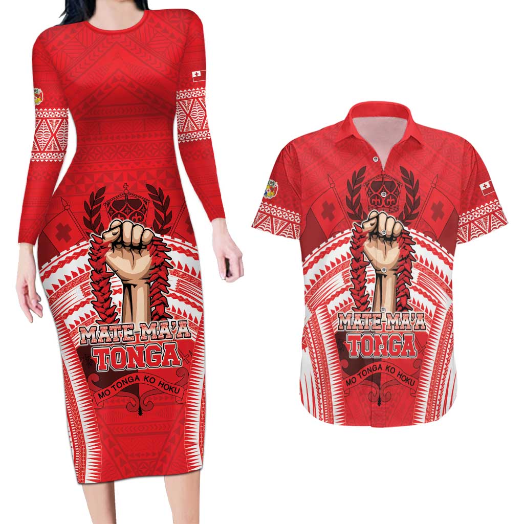 Custom Tonga Rugby Mate Ma'a Couples Matching Long Sleeve Bodycon Dress and Hawaiian Shirt Tongan Pride Unique Style LT05 Red - Polynesian Pride
