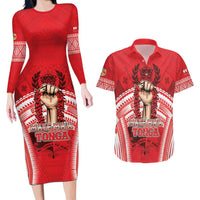 Custom Tonga Rugby Mate Ma'a Couples Matching Long Sleeve Bodycon Dress and Hawaiian Shirt Tongan Pride Unique Style LT05 Red - Polynesian Pride