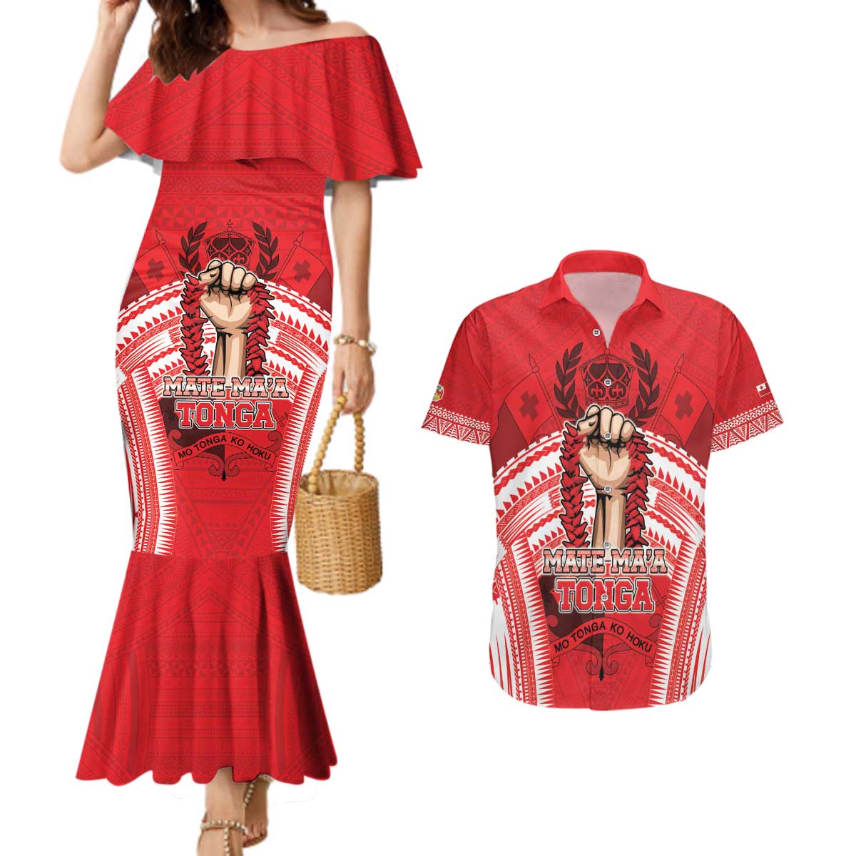 Custom Tonga Rugby Mate Ma'a Couples Matching Mermaid Dress and Hawaiian Shirt Tongan Pride Unique Style LT05 Red - Polynesian Pride