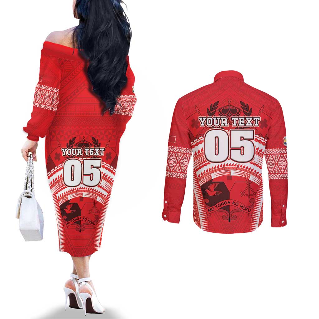 Custom Tonga Rugby Mate Ma'a Couples Matching Off The Shoulder Long Sleeve Dress and Long Sleeve Button Shirt Tongan Pride Unique Style LT05 - Polynesian Pride
