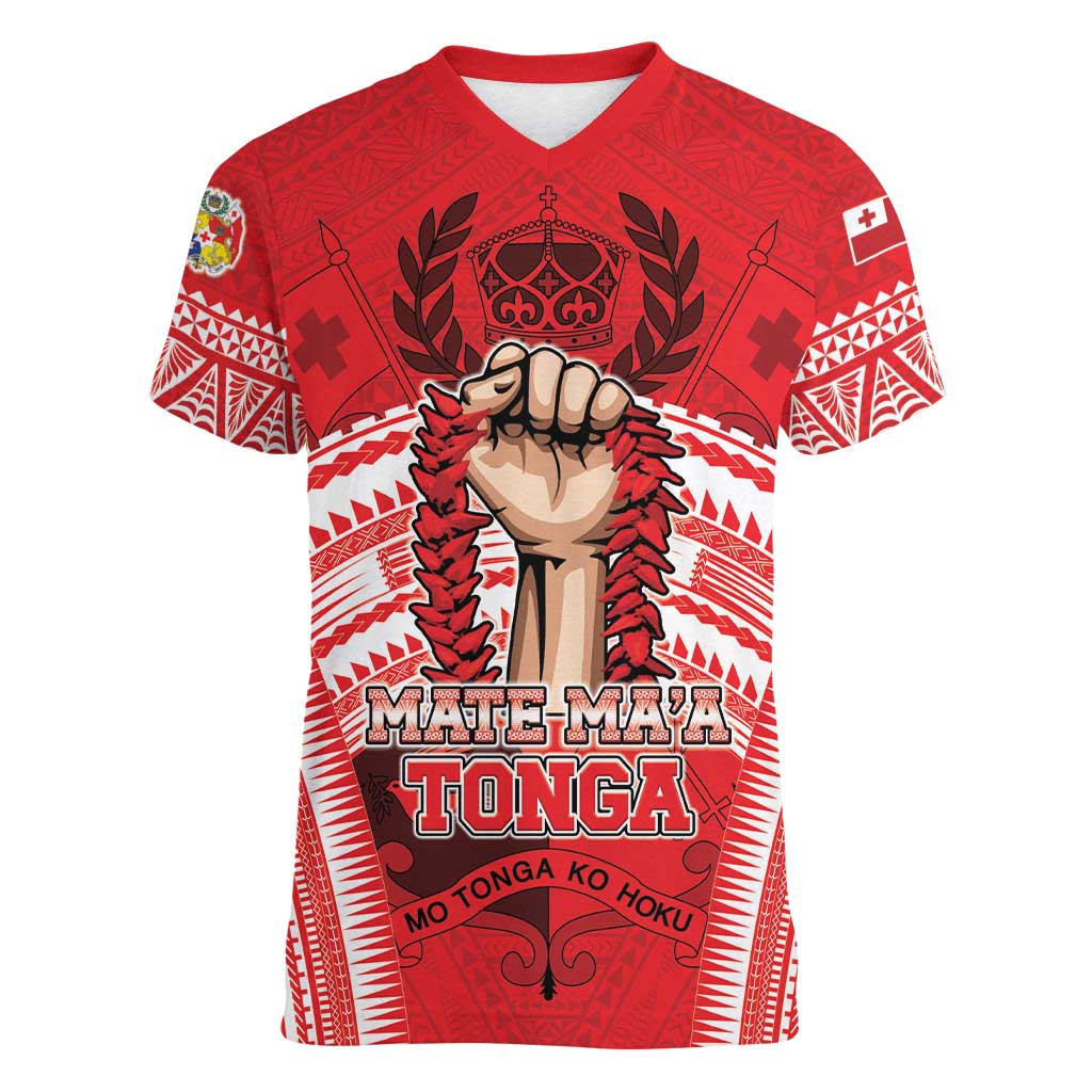 Custom Tonga Rugby Mate Ma'a Women V-Neck T-Shirt Tongan Pride Unique Style LT05 Female Red - Polynesian Pride