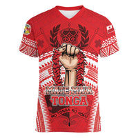 Custom Tonga Rugby Mate Ma'a Women V-Neck T-Shirt Tongan Pride Unique Style LT05 Female Red - Polynesian Pride