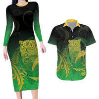 New Zealand Aotearoa Ruru Couples Matching Long Sleeve Bodycon Dress and Hawaiian Shirt Maori Fern Art Green LT05 Green - Polynesian Pride