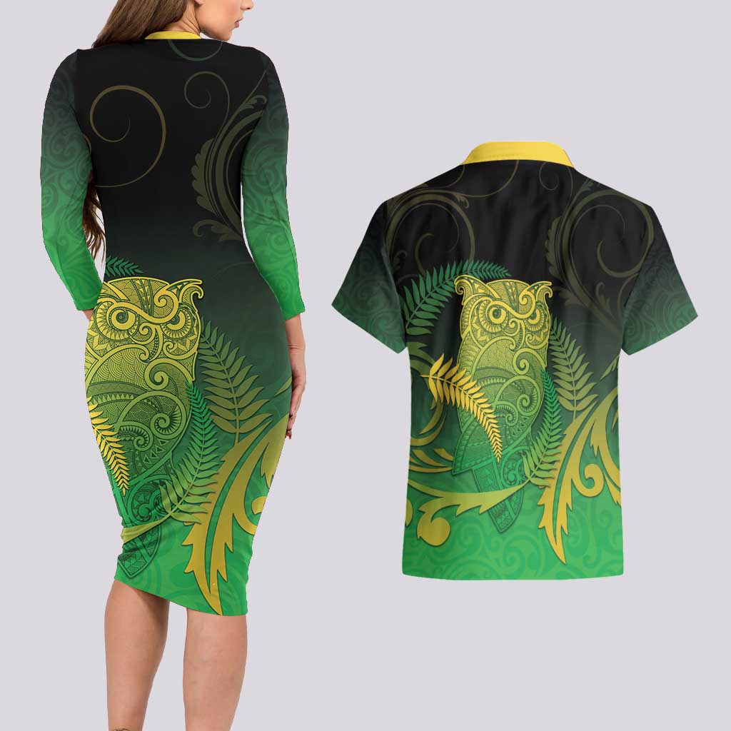 New Zealand Aotearoa Ruru Couples Matching Long Sleeve Bodycon Dress and Hawaiian Shirt Maori Fern Art Green LT05 - Polynesian Pride