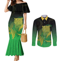 New Zealand Aotearoa Ruru Couples Matching Mermaid Dress and Long Sleeve Button Shirt Maori Fern Art Green LT05 Green - Polynesian Pride