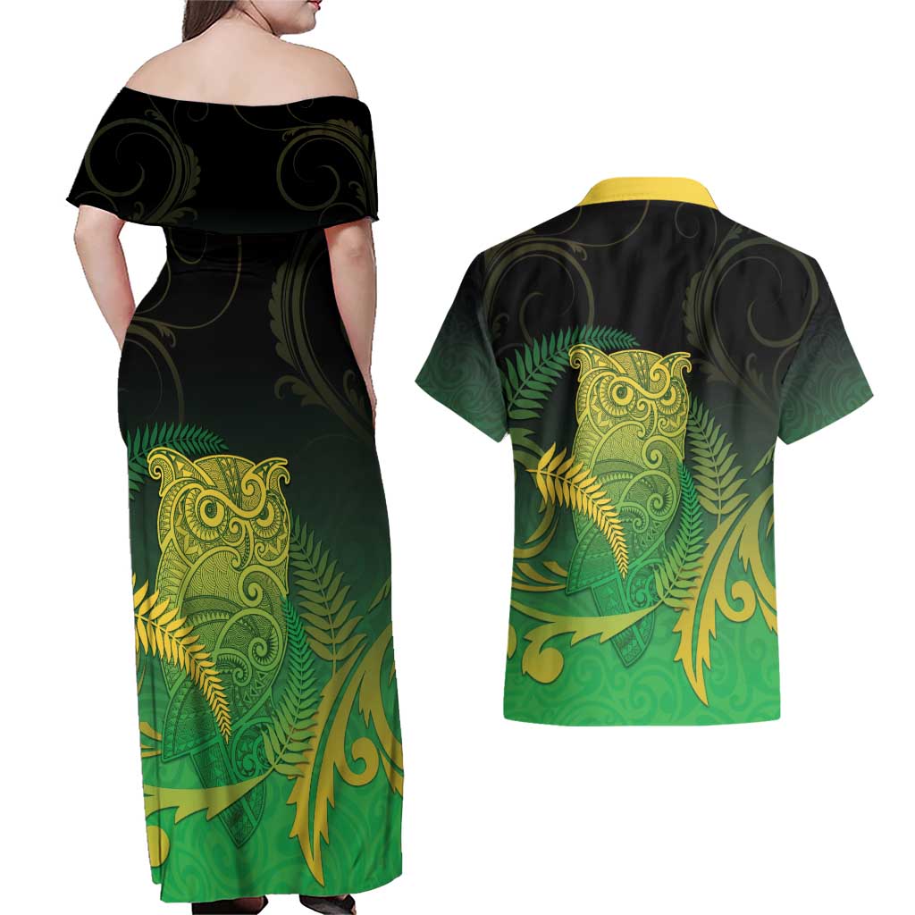 New Zealand Aotearoa Ruru Couples Matching Off Shoulder Maxi Dress and Hawaiian Shirt Maori Fern Art Green LT05 - Polynesian Pride