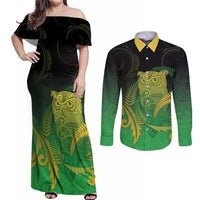 New Zealand Aotearoa Ruru Couples Matching Off Shoulder Maxi Dress and Long Sleeve Button Shirt Maori Fern Art Green LT05 Green - Polynesian Pride