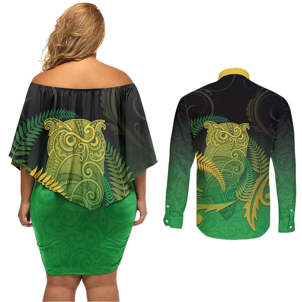 New Zealand Aotearoa Ruru Couples Matching Off Shoulder Short Dress and Long Sleeve Button Shirt Maori Fern Art Green LT05 - Polynesian Pride