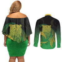New Zealand Aotearoa Ruru Couples Matching Off Shoulder Short Dress and Long Sleeve Button Shirt Maori Fern Art Green LT05 - Polynesian Pride
