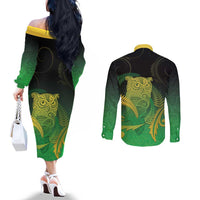 New Zealand Aotearoa Ruru Couples Matching Off The Shoulder Long Sleeve Dress and Long Sleeve Button Shirt Maori Fern Art Green LT05 - Polynesian Pride