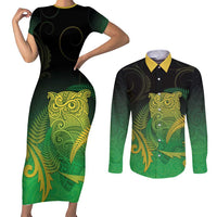 New Zealand Aotearoa Ruru Couples Matching Short Sleeve Bodycon Dress and Long Sleeve Button Shirt Maori Fern Art Green LT05 Green - Polynesian Pride