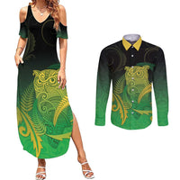 New Zealand Aotearoa Ruru Couples Matching Summer Maxi Dress and Long Sleeve Button Shirt Maori Fern Art Green LT05 Green - Polynesian Pride