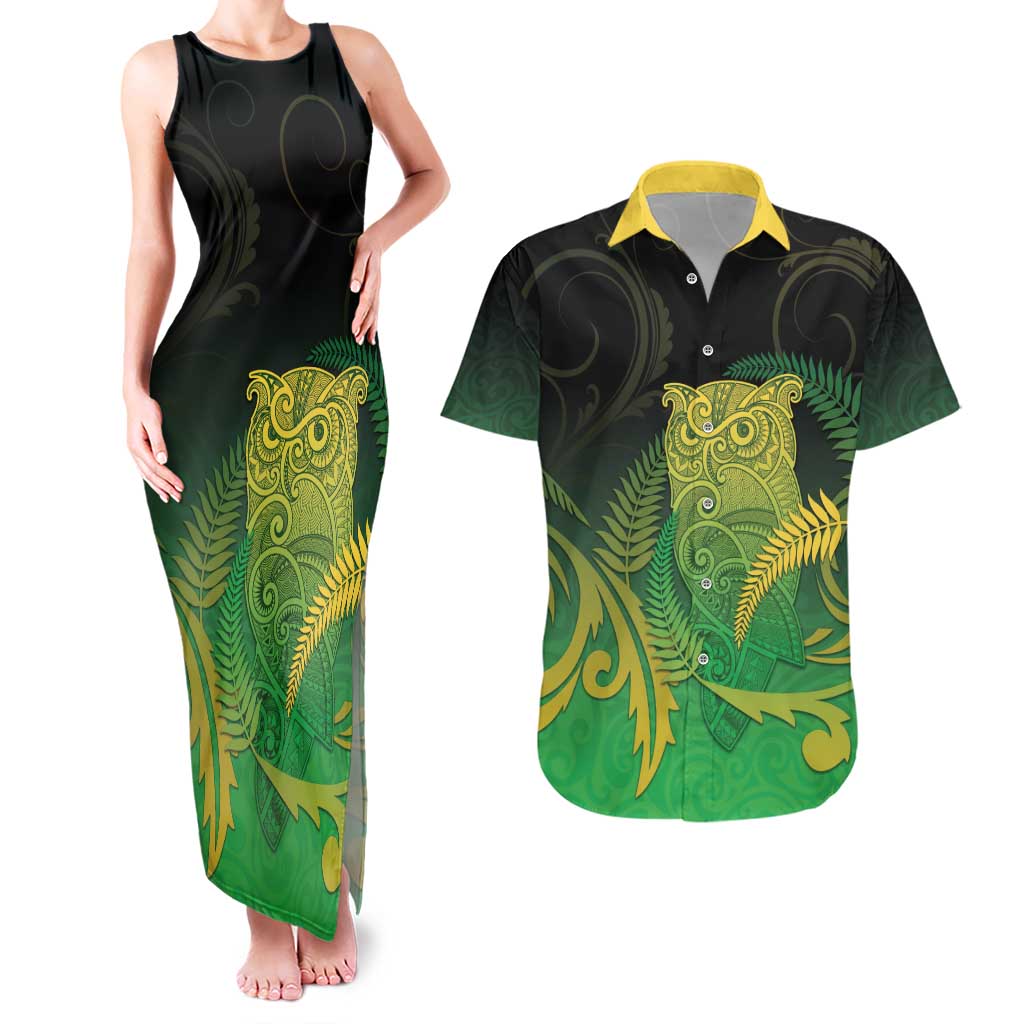 New Zealand Aotearoa Ruru Couples Matching Tank Maxi Dress and Hawaiian Shirt Maori Fern Art Green LT05 Green - Polynesian Pride