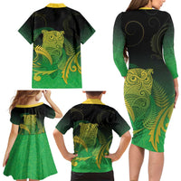 New Zealand Aotearoa Ruru Family Matching Long Sleeve Bodycon Dress and Hawaiian Shirt Maori Fern Art Green LT05 - Polynesian Pride