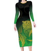 New Zealand Aotearoa Ruru Family Matching Long Sleeve Bodycon Dress and Hawaiian Shirt Maori Fern Art Green LT05 Mom's Dress Green - Polynesian Pride