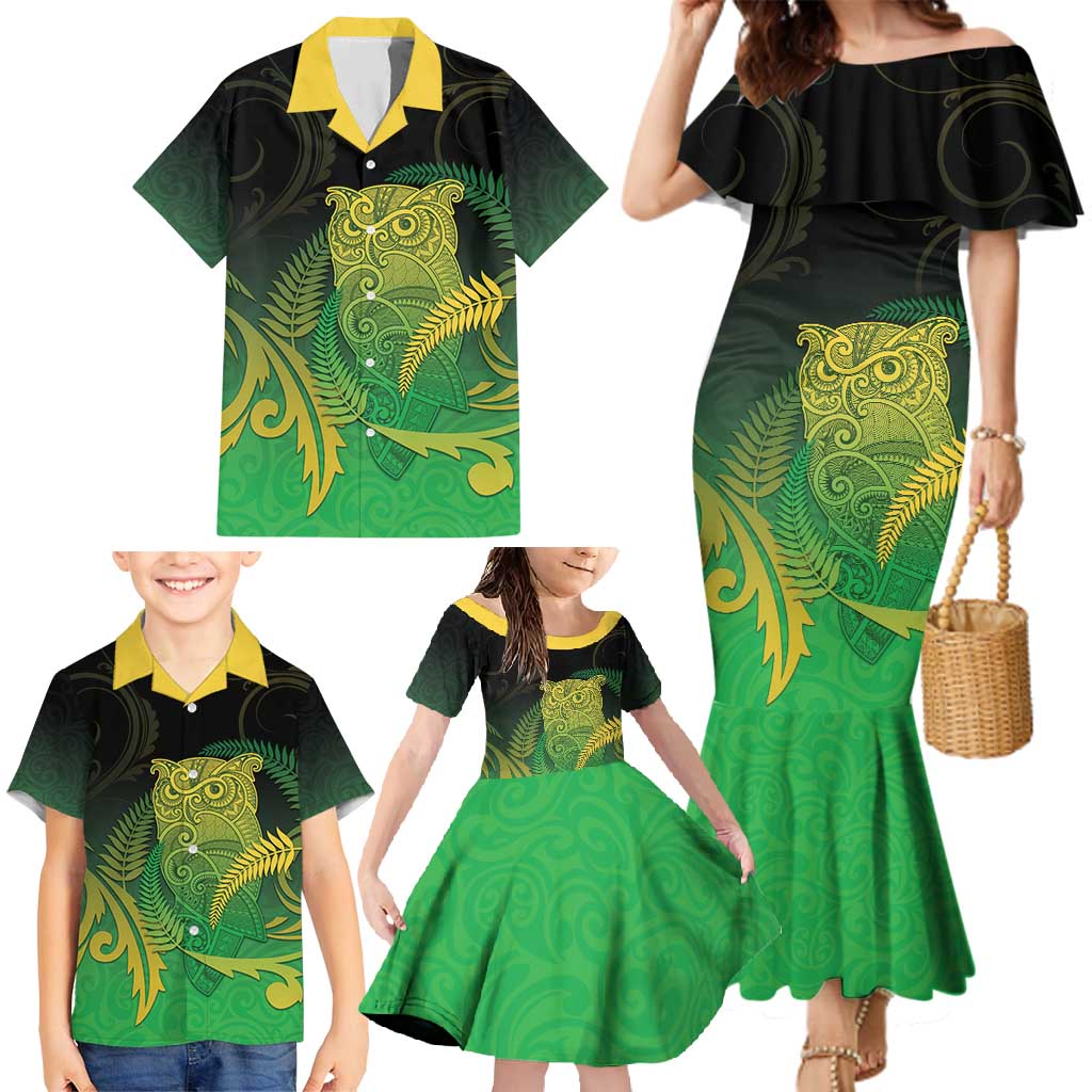 New Zealand Aotearoa Ruru Family Matching Mermaid Dress and Hawaiian Shirt Maori Fern Art Green LT05 - Polynesian Pride