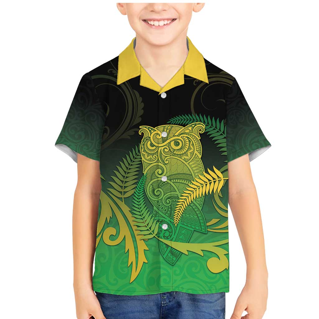 New Zealand Aotearoa Ruru Family Matching Mermaid Dress and Hawaiian Shirt Maori Fern Art Green LT05 Son's Shirt Green - Polynesian Pride