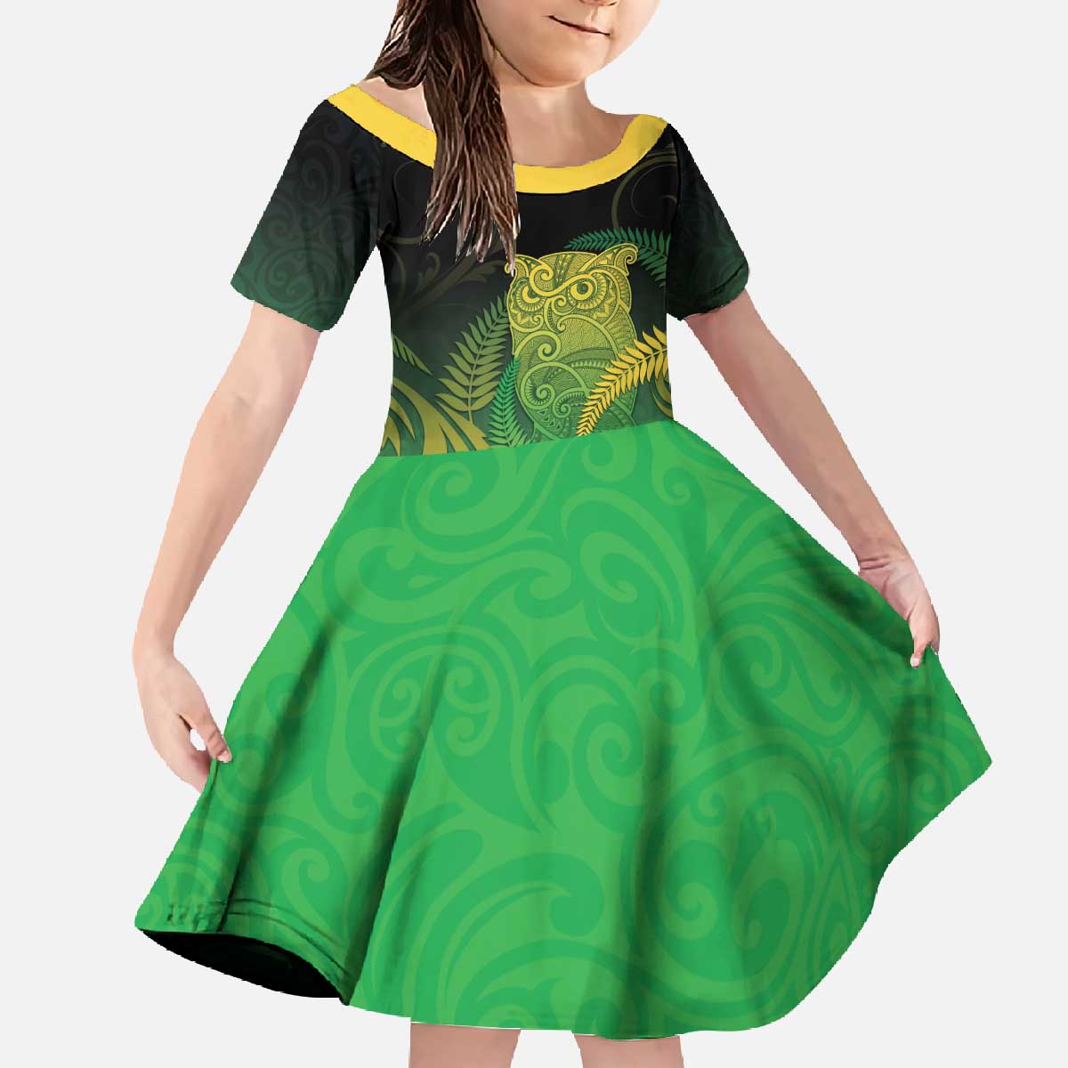 New Zealand Aotearoa Ruru Family Matching Off The Shoulder Long Sleeve Dress and Hawaiian Shirt Maori Fern Art Green LT05 Daughter's Dress Green - Polynesian Pride