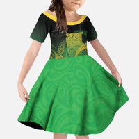 New Zealand Aotearoa Ruru Family Matching Off The Shoulder Long Sleeve Dress and Hawaiian Shirt Maori Fern Art Green LT05 Daughter's Dress Green - Polynesian Pride