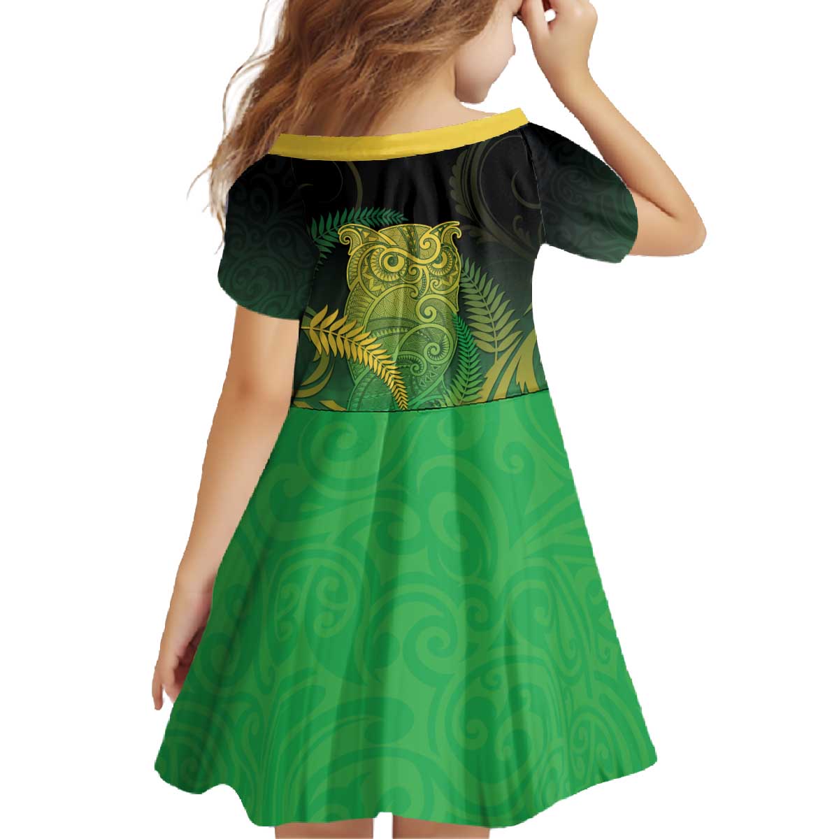 New Zealand Aotearoa Ruru Family Matching Off The Shoulder Long Sleeve Dress and Hawaiian Shirt Maori Fern Art Green LT05 - Polynesian Pride