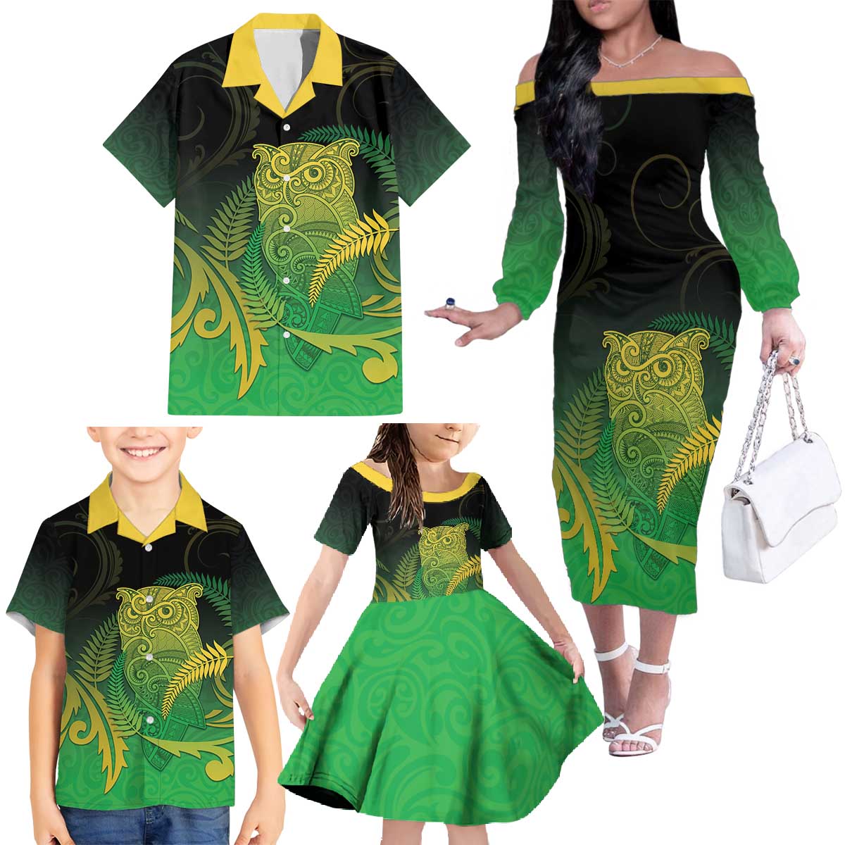 New Zealand Aotearoa Ruru Family Matching Off The Shoulder Long Sleeve Dress and Hawaiian Shirt Maori Fern Art Green LT05 - Polynesian Pride