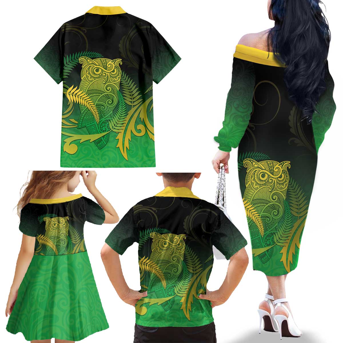 New Zealand Aotearoa Ruru Family Matching Off The Shoulder Long Sleeve Dress and Hawaiian Shirt Maori Fern Art Green LT05 - Polynesian Pride