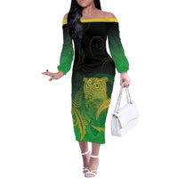 New Zealand Aotearoa Ruru Family Matching Off The Shoulder Long Sleeve Dress and Hawaiian Shirt Maori Fern Art Green LT05 Mom's Dress Green - Polynesian Pride