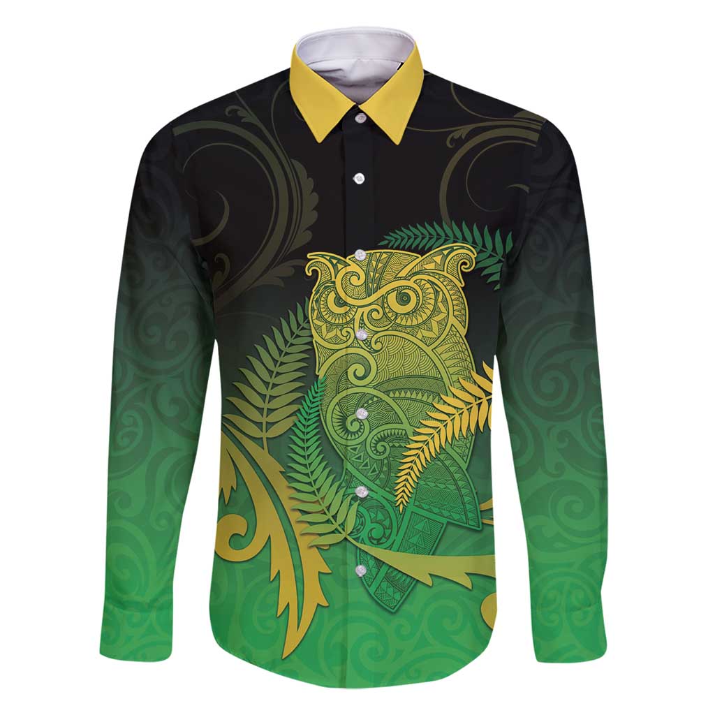 New Zealand Aotearoa Ruru Family Matching Off Shoulder Maxi Dress and Hawaiian Shirt Maori Fern Art Green LT05 Dad's Shirt - Long Sleeve Green - Polynesian Pride