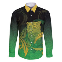 New Zealand Aotearoa Ruru Family Matching Off Shoulder Maxi Dress and Hawaiian Shirt Maori Fern Art Green LT05 Dad's Shirt - Long Sleeve Green - Polynesian Pride
