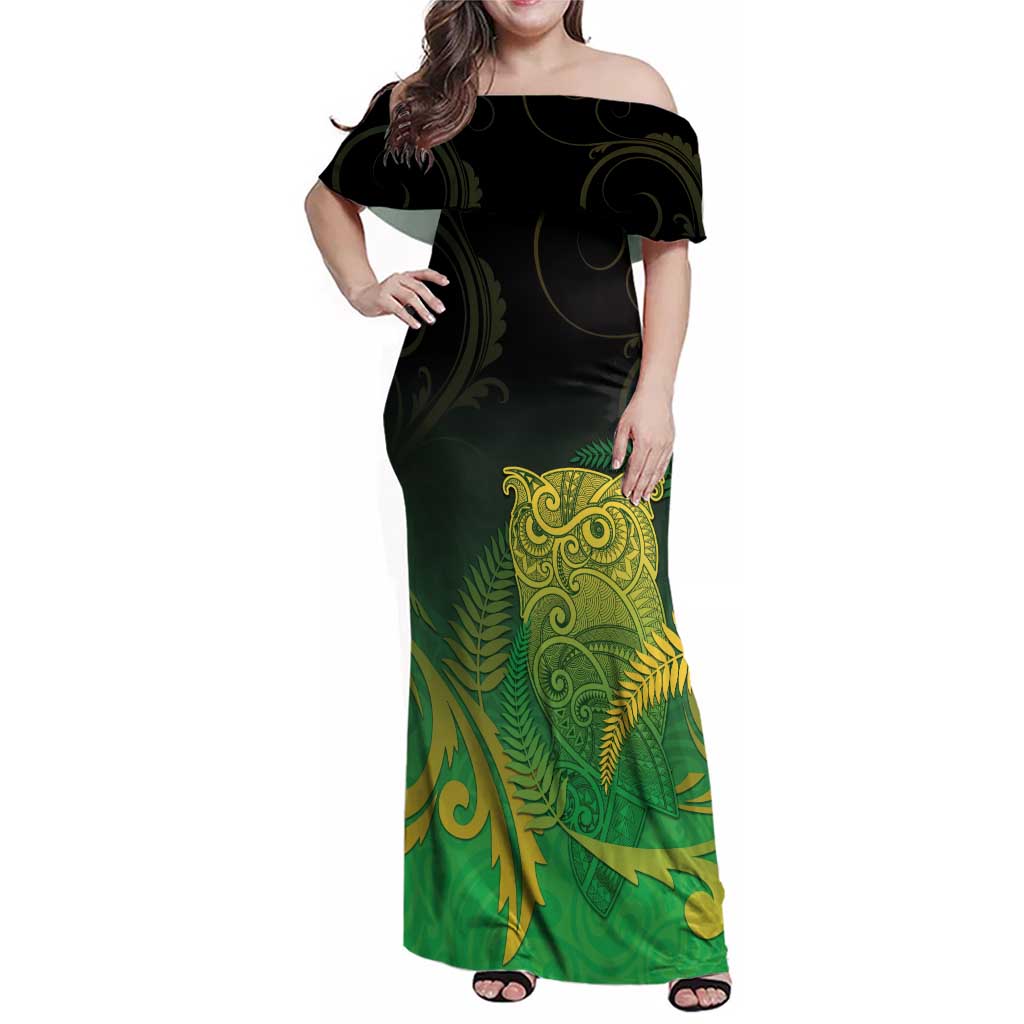 New Zealand Aotearoa Ruru Family Matching Off Shoulder Maxi Dress and Hawaiian Shirt Maori Fern Art Green LT05 Mom's Dress Green - Polynesian Pride