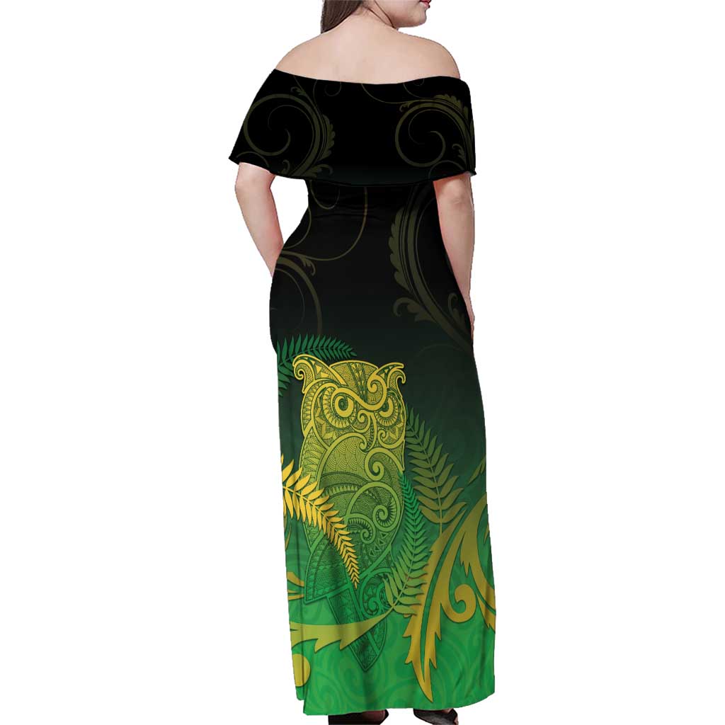 New Zealand Aotearoa Ruru Family Matching Off Shoulder Maxi Dress and Hawaiian Shirt Maori Fern Art Green LT05 - Polynesian Pride