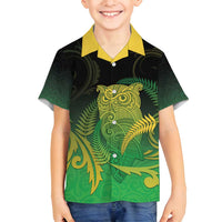 New Zealand Aotearoa Ruru Family Matching Off Shoulder Maxi Dress and Hawaiian Shirt Maori Fern Art Green LT05 Son's Shirt Green - Polynesian Pride