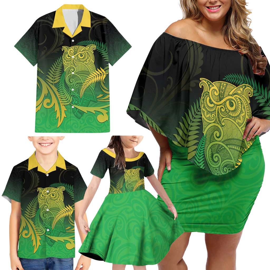New Zealand Aotearoa Ruru Family Matching Off Shoulder Short Dress and Hawaiian Shirt Maori Fern Art Green LT05 - Polynesian Pride