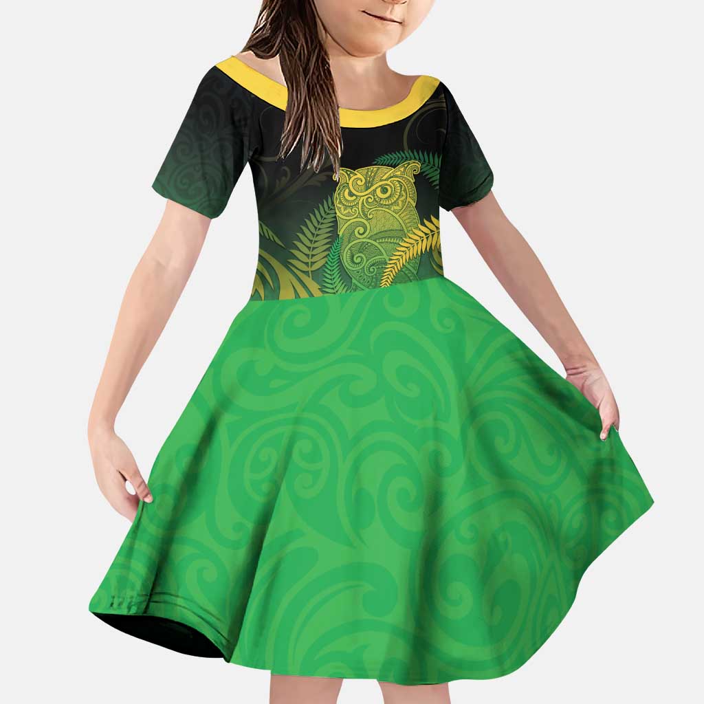 New Zealand Aotearoa Ruru Family Matching Puletasi and Hawaiian Shirt Maori Fern Art Green LT05 Daughter's Dress Green - Polynesian Pride