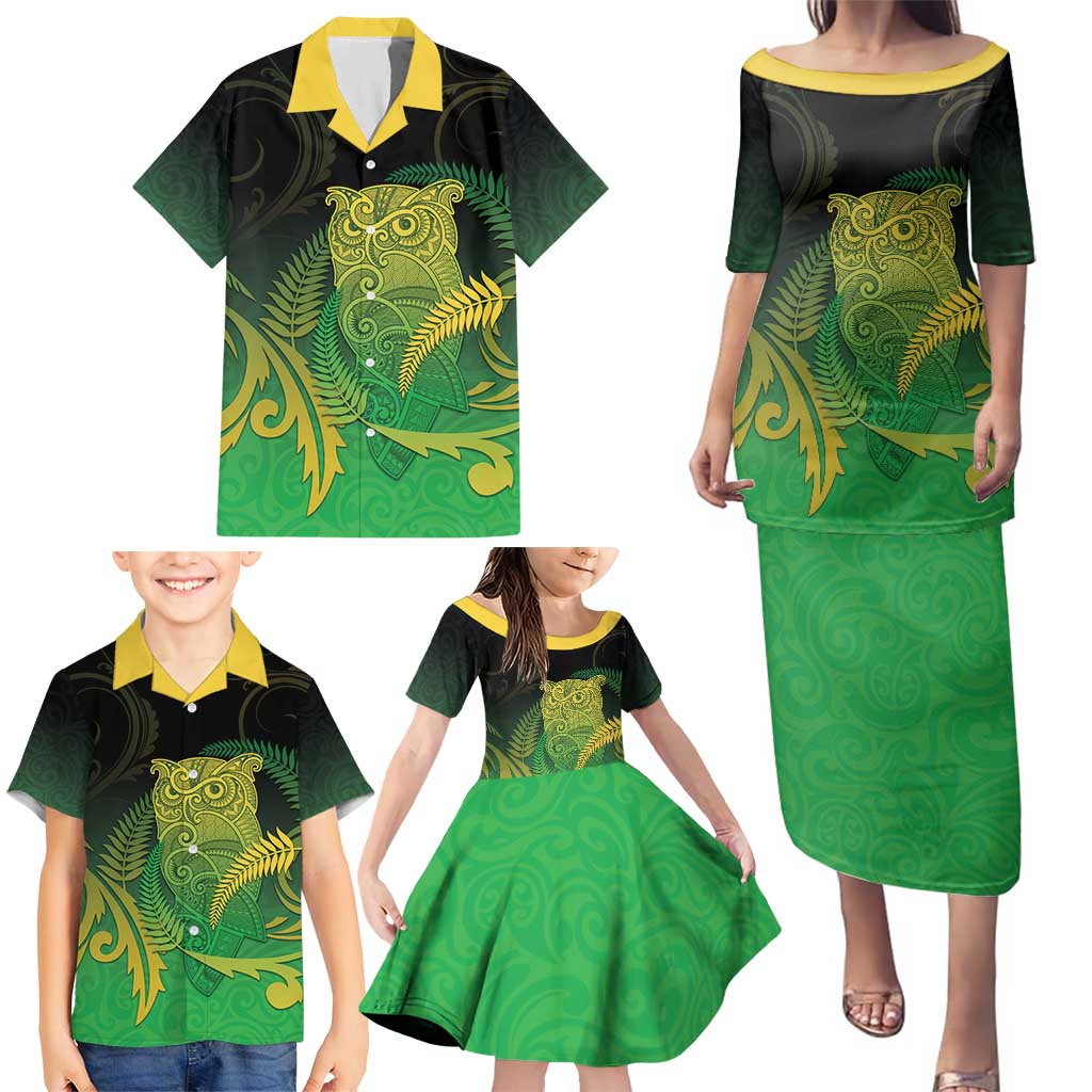 New Zealand Aotearoa Ruru Family Matching Puletasi and Hawaiian Shirt Maori Fern Art Green LT05 - Polynesian Pride