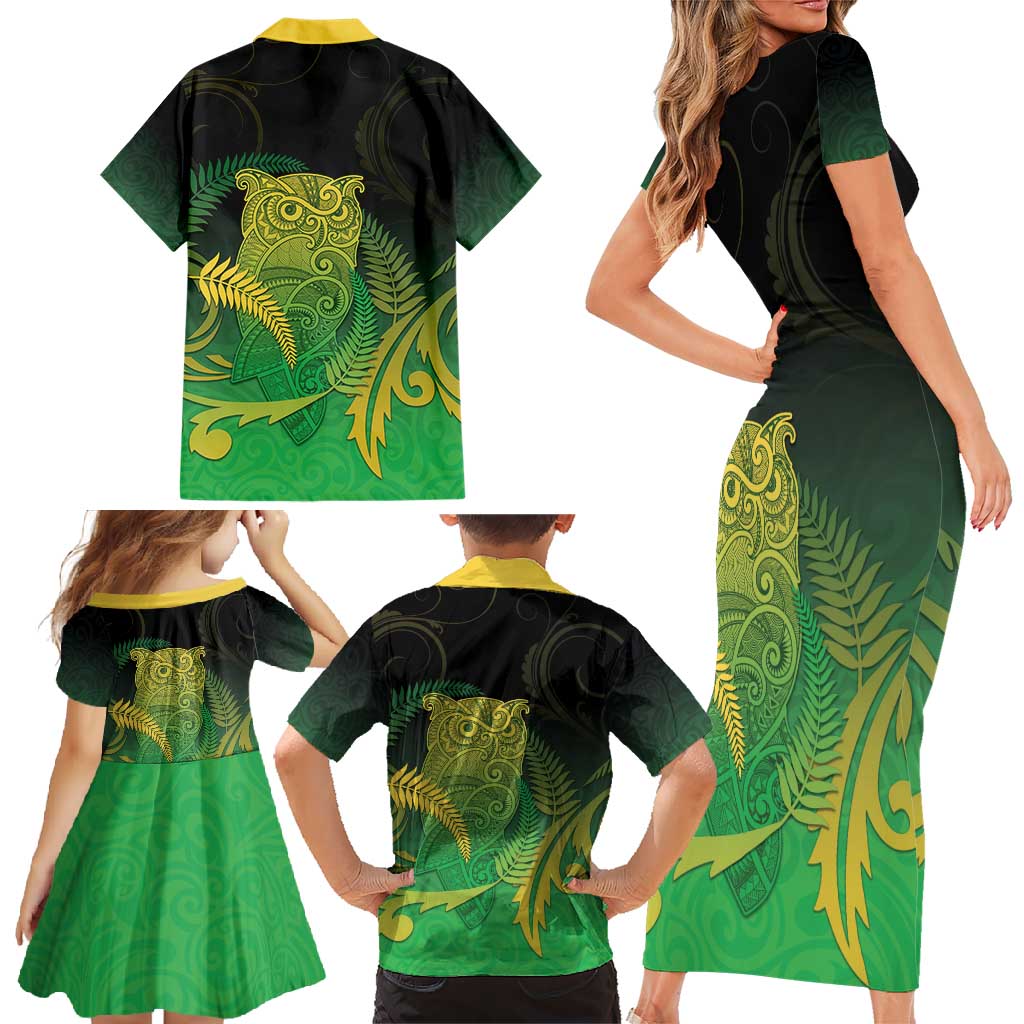 New Zealand Aotearoa Ruru Family Matching Short Sleeve Bodycon Dress and Hawaiian Shirt Maori Fern Art Green LT05 - Polynesian Pride