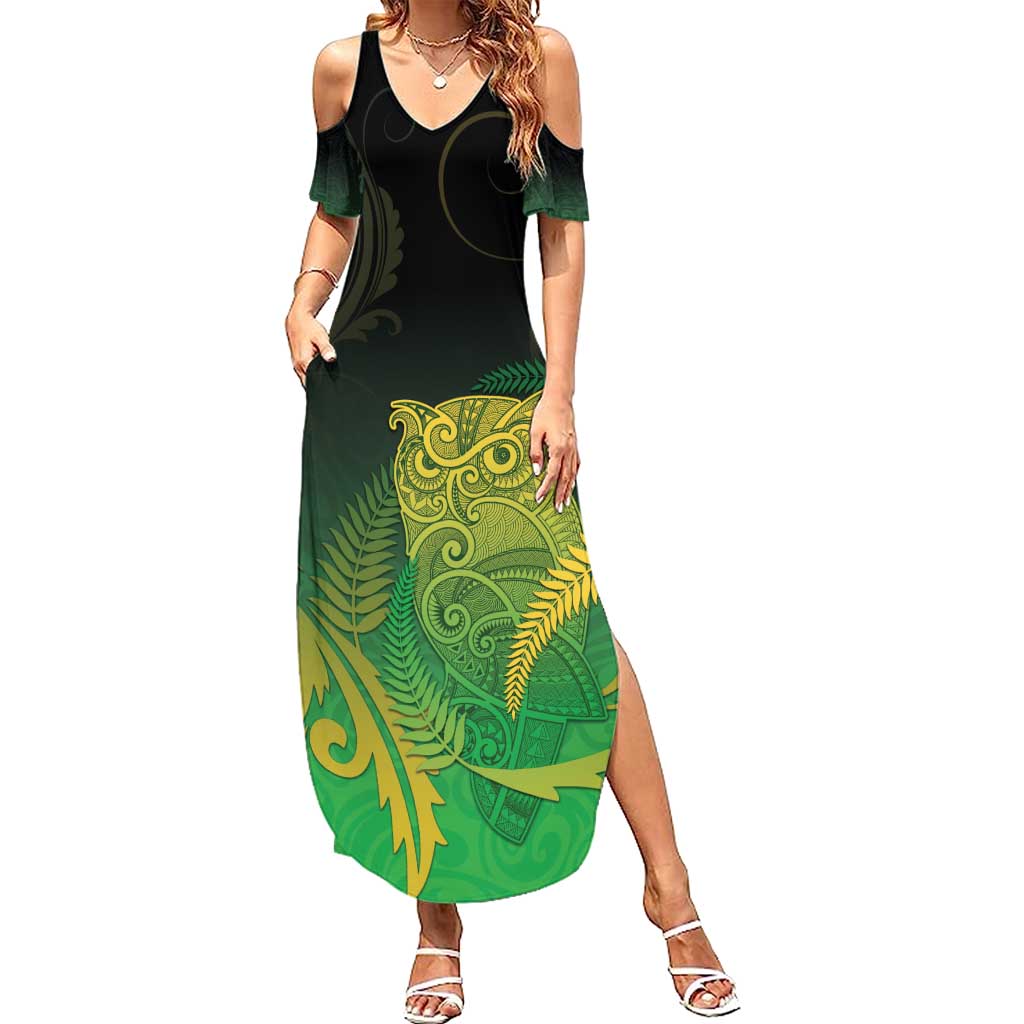 New Zealand Aotearoa Ruru Family Matching Summer Maxi Dress and Hawaiian Shirt Maori Fern Art Green LT05 Mom's Dress Green - Polynesian Pride