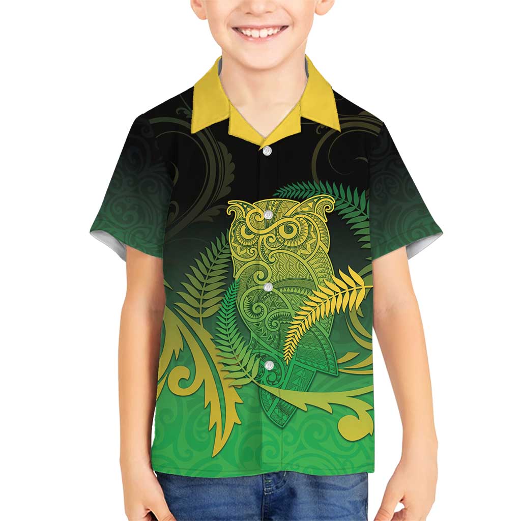 New Zealand Aotearoa Ruru Family Matching Tank Maxi Dress and Hawaiian Shirt Maori Fern Art Green LT05 Son's Shirt Green - Polynesian Pride